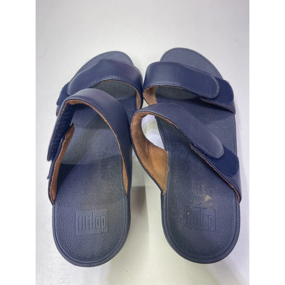 FitFlop Lulu Navy Blue Leather Adjustable Slide Sandals Microwobbleboard FVS-399